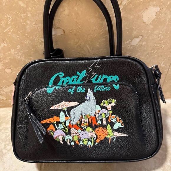 Min & Mon Handbags - Min & Mon Black Crossbody Bag Creatures of the Future Wolf and mushrooms